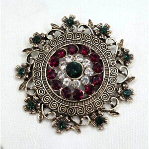 Gold-Tone Brooch With Red Green & Clear Rhinestones In Floral Filigree Design